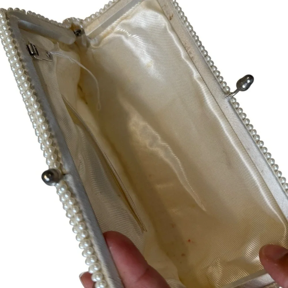 Vintage 1960 Bon Soir‎ Italian Pearl Cream Clutch Purse Beads Silk Wedding B72Q